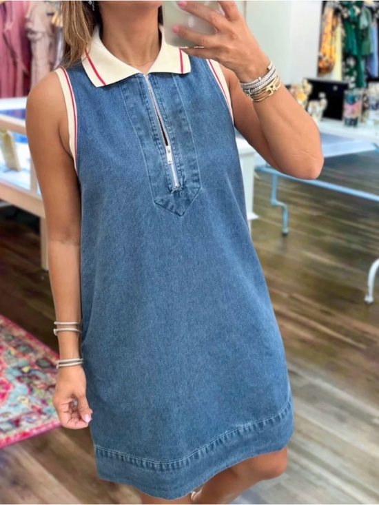 entro Dresses & Skirts - Entro women’s S sleeveless denim dress with side pockets front zip cream trim